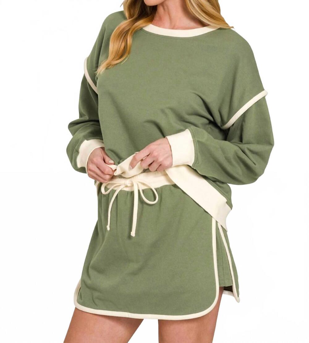 NEW ZENANA long sleeve top with skort set in army green
